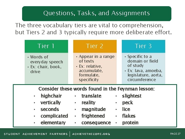 Questions, Tasks, and Assignments The three vocabulary tiers are vital to comprehension, but Tiers