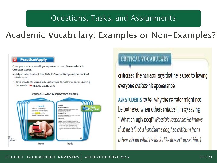 Questions, Tasks, and Assignments Academic Vocabulary: Examples or Non-Examples? PAGE 29 