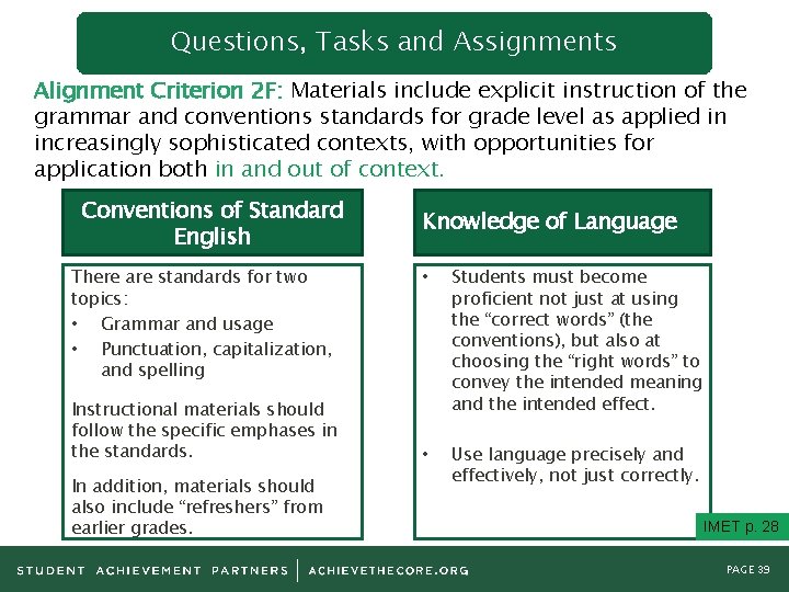 Questions, Tasks and Assignments Alignment Criterion 2 F: Materials include explicit instruction of the