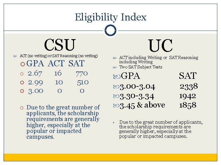 Eligibility Index UC CSU ACT (no writing) or SAT Reasoning (no writing) GPA 2.