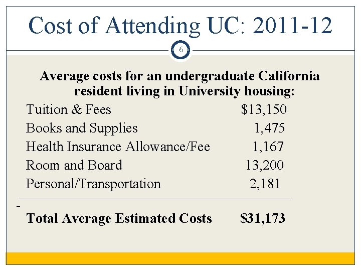 Cost of Attending UC: 2011 -12 6 Average costs for an undergraduate California resident