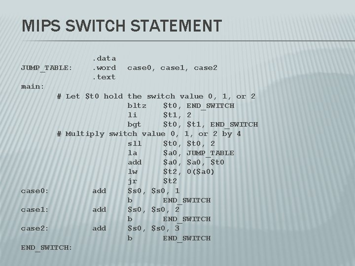 MIPS SWITCH STATEMENT JUMP_TABLE: . data. word. text case 0, case 1, case 2