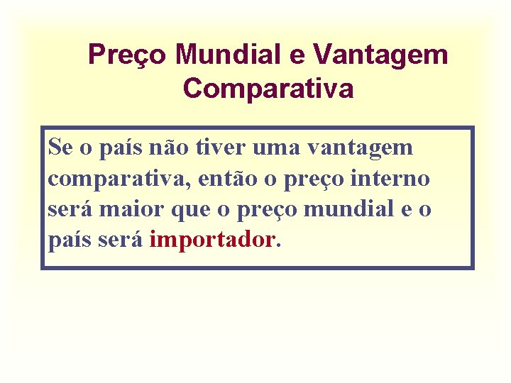 Preço Mundial e Vantagem Comparativa Se o país não tiver uma vantagem comparativa, então