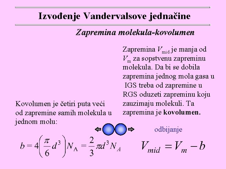 Izvođenje Vandervalsove jednačine Zapremina molekula-kovolumen Kovolumen je četiri puta veći od zapremine samih molekula