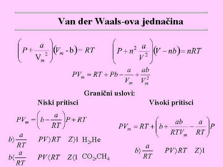 Van der Waals-ova jednačina Granični uslovi: Niski pritisci Visoki pritisci H 2, He CO