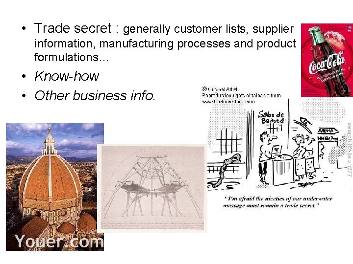  • Trade secret : generally customer lists, supplier information, manufacturing processes and product