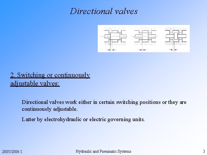 Directional valves 2. Switching or continuously adjustable valves: Directional valves work either in certain