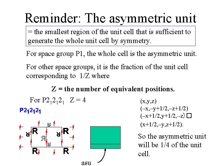 Reminder: The asymmetric unit = the smallest region of the unit cell that is