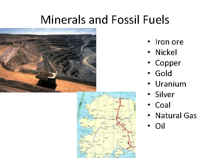 Minerals and Fossil Fuels • • • Iron ore Nickel Copper Gold Uranium Silver