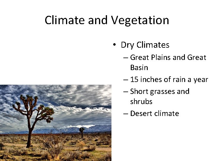 Climate and Vegetation • Dry Climates – Great Plains and Great Basin – 15