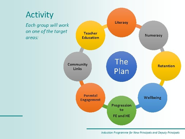 Activity Each group will work on one of the target areas: Literacy Teacher Education