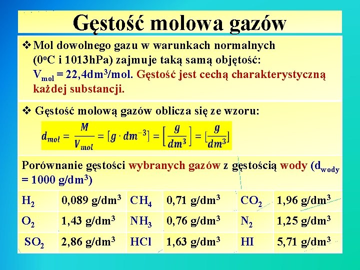 Gęstość molowa gazów v. Mol dowolnego gazu w warunkach normalnych (0 o. C i