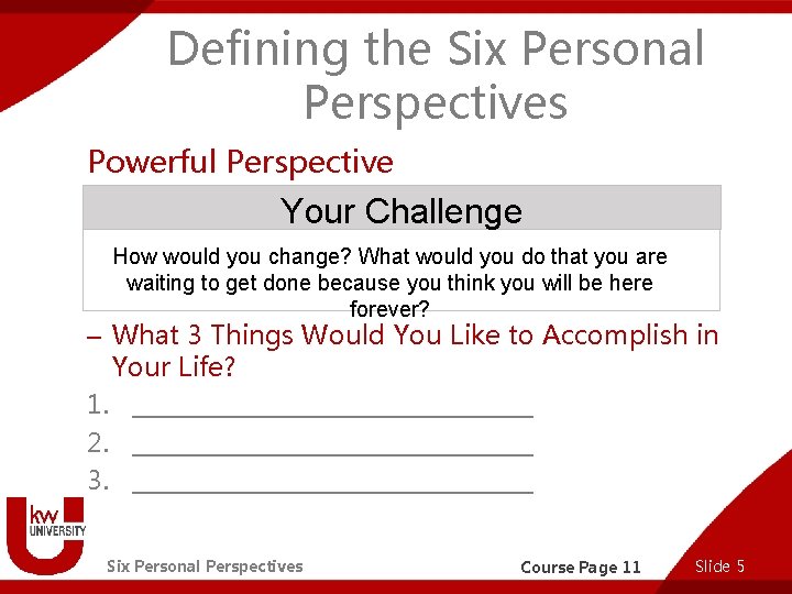 Defining the Six Personal Perspectives Powerful Perspective Your Challenge How would you change? What