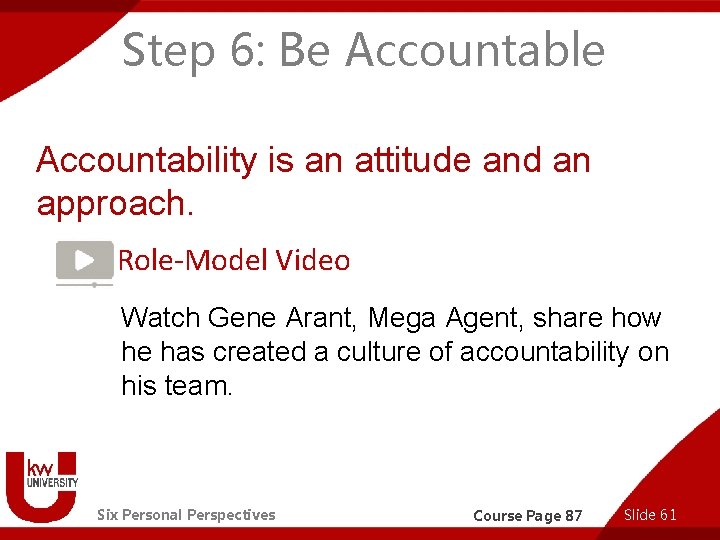 Step 6: Be Accountable Accountability is an attitude and an approach. Role-Model Video Watch