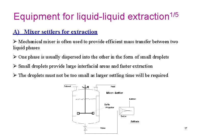Equipment for liquid-liquid extraction 1/5 A) Mixer settlers for extraction Ø Mechanical mixer is