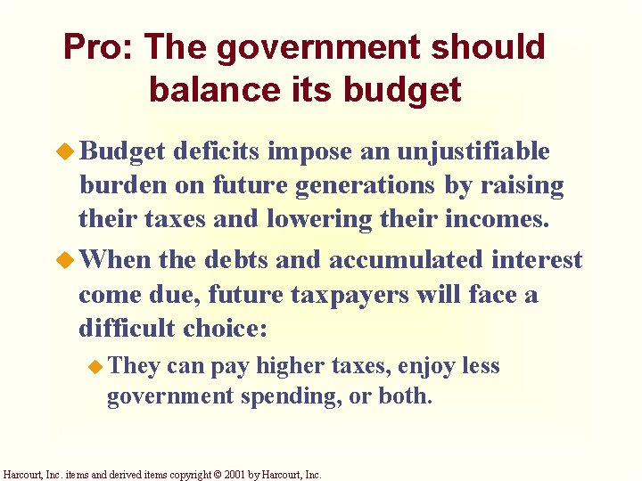 Pro: The government should balance its budget u Budget deficits impose an unjustifiable burden