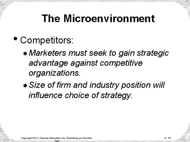 The Microenvironment • Competitors: Marketers must seek to gain strategic advantage against competitive organizations. The Microenvironment • Competitors: Marketers must seek to gain strategic advantage against competitive organizations.