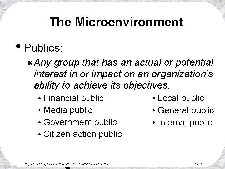 The Microenvironment • Publics: Any group that has an actual or potential interest in The Microenvironment • Publics: Any group that has an actual or potential interest in