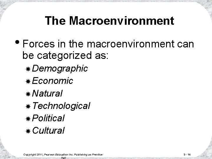 The Macroenvironment • Forces in the macroenvironment can be categorized as: Demographic Economic Natural The Macroenvironment • Forces in the macroenvironment can be categorized as: Demographic Economic Natural