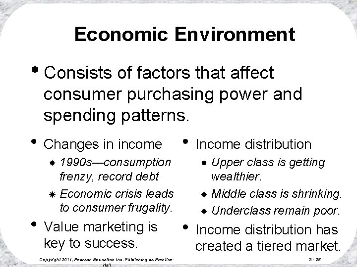 Economic Environment • Consists of factors that affect consumer purchasing power and spending patterns. Economic Environment • Consists of factors that affect consumer purchasing power and spending patterns.