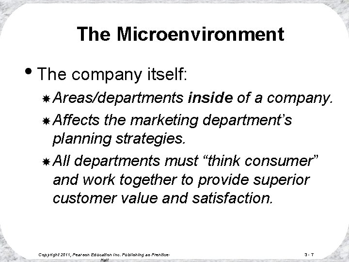 The Microenvironment • The company itself: Areas/departments inside of a company. Affects the marketing The Microenvironment • The company itself: Areas/departments inside of a company. Affects the marketing