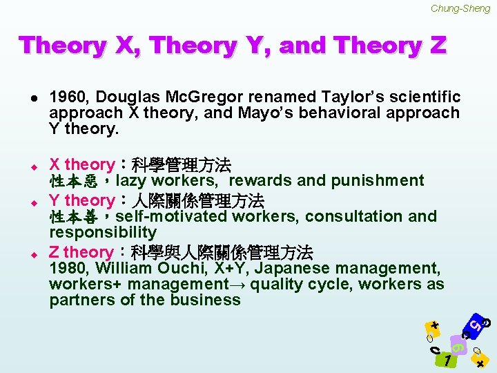 Chung-Sheng Theory X, Theory Y, and Theory Z u u u 1960, Douglas Mc.