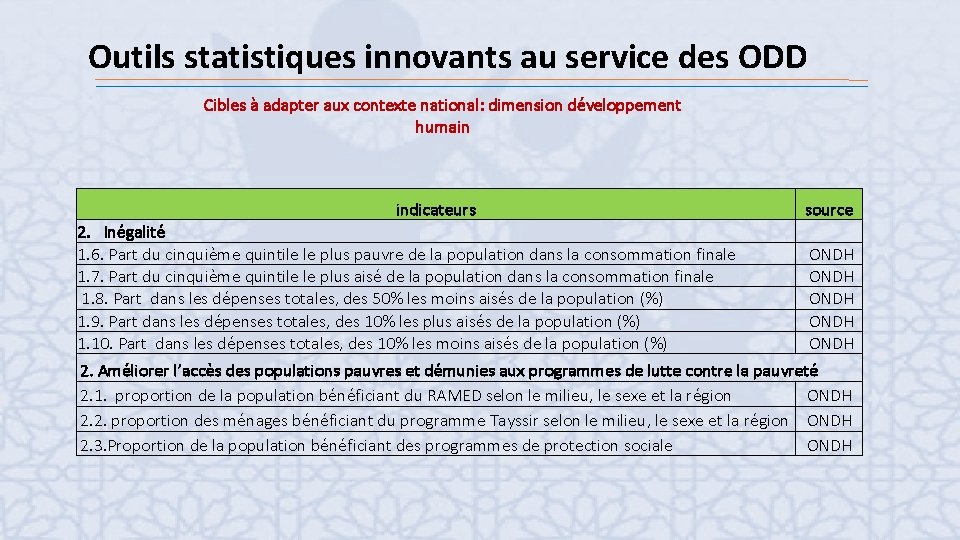 Outils statistiques innovants au service des ODD Cibles à adapter aux contexte national: dimension