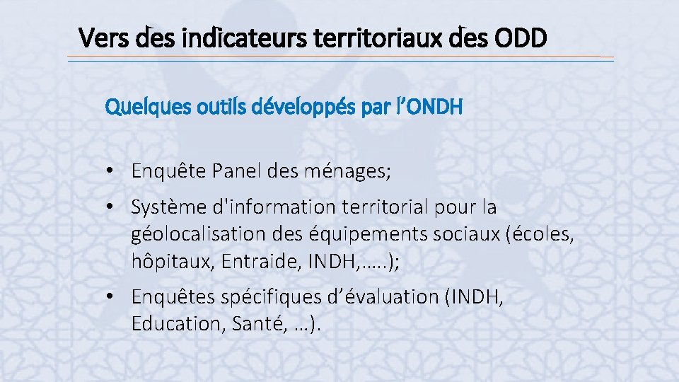 Vers des indicateurs territoriaux des ODD Quelques outils développés par l’ONDH • Enquête Panel