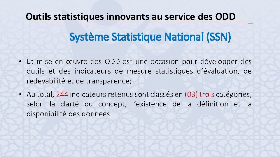 Outils statistiques innovants au service des ODD Système Statistique National (SSN) • La mise