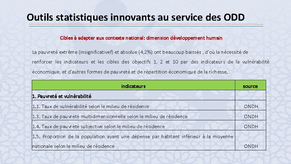 Outils statistiques innovants au service des ODD Cibles à adapter aux contexte national: dimension