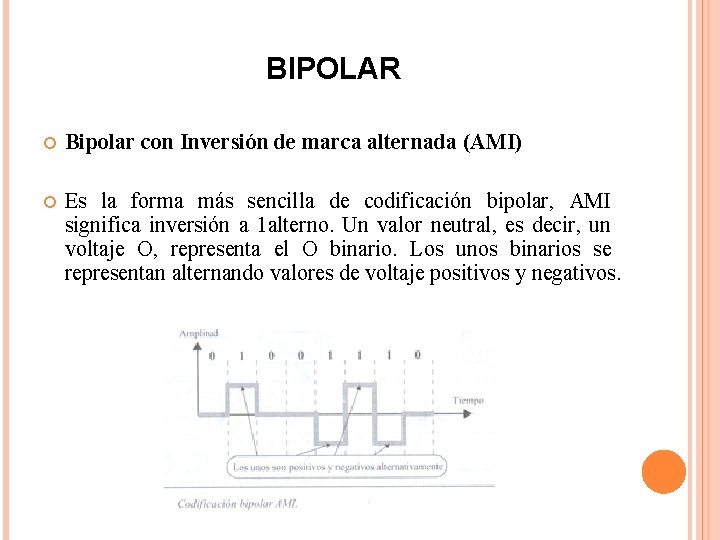 BIPOLAR Bipolar con Inversión de marca alternada (AMI) Es la forma más sencilla de