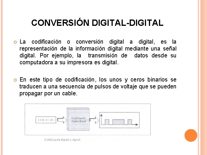 CONVERSIÓN DIGITAL-DIGITAL La codificación o conversión digital a digital, es la representación de la