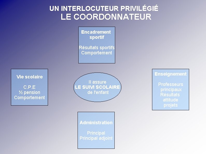 UN INTERLOCUTEUR PRIVILÉGIÉ LE COORDONNATEUR Encadrement sportif Résultats sportifs Comportement Enseignement Vie scolaire C.