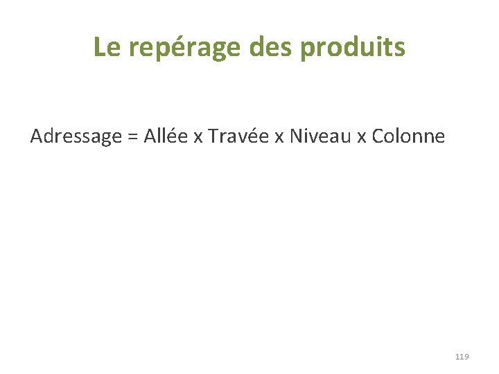 Le repérage des produits Adressage = Allée x Travée x Niveau x Colonne 119 Le repérage des produits Adressage = Allée x Travée x Niveau x Colonne 119