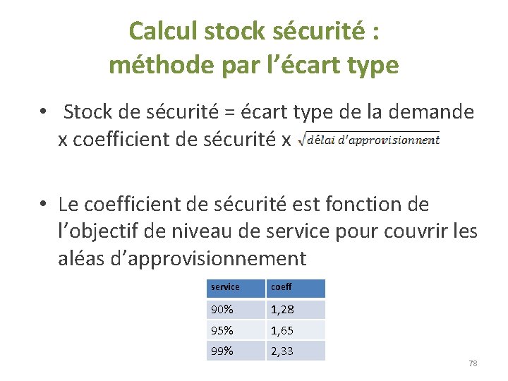 Calcul stock sécurité : méthode par l’écart type • Stock de sécurité = écart Calcul stock sécurité : méthode par l’écart type • Stock de sécurité = écart