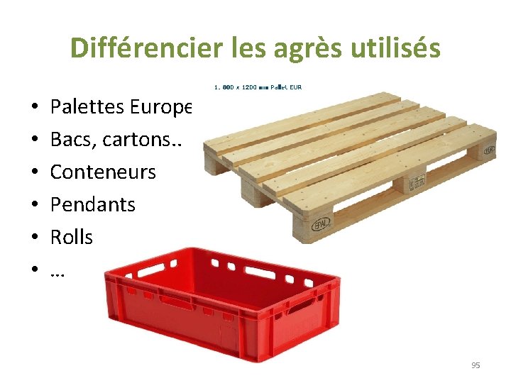 Différencier les agrès utilisés • • • Palettes Europe Bacs, cartons. . Conteneurs Pendants Différencier les agrès utilisés • • • Palettes Europe Bacs, cartons. . Conteneurs Pendants