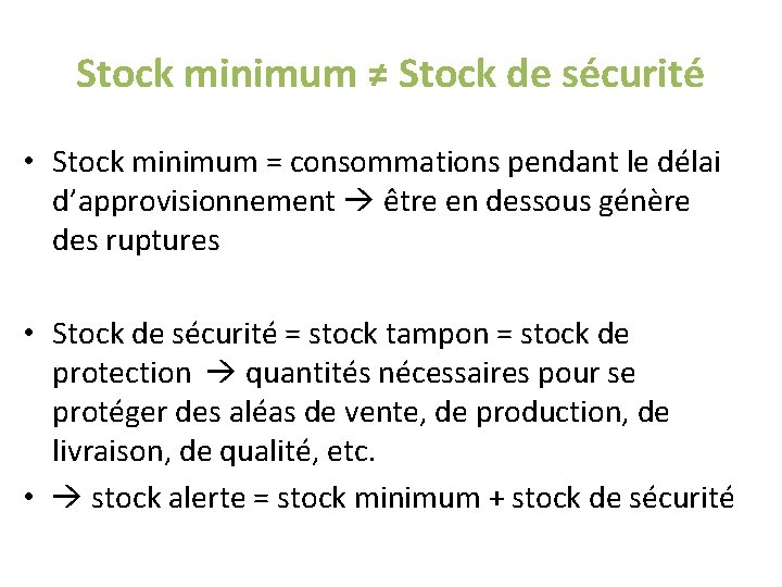 Stock minimum ≠ Stock de sécurité • Stock minimum = consommations pendant le délai Stock minimum ≠ Stock de sécurité • Stock minimum = consommations pendant le délai