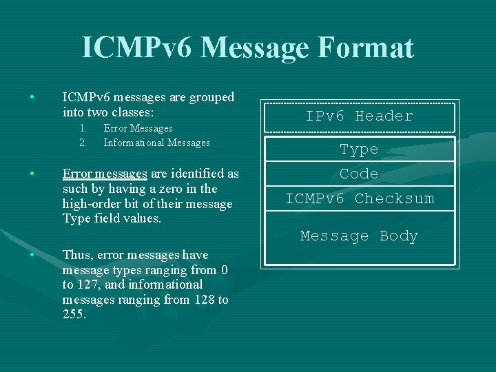 ICMPv 6 Message Format • ICMPv 6 messages are grouped into two classes: 1. ICMPv 6 Message Format • ICMPv 6 messages are grouped into two classes: 1.