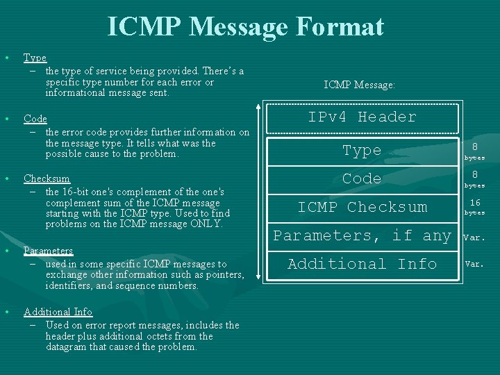 ICMP Message Format • • • Type – the type of service being provided. ICMP Message Format • • • Type – the type of service being provided.