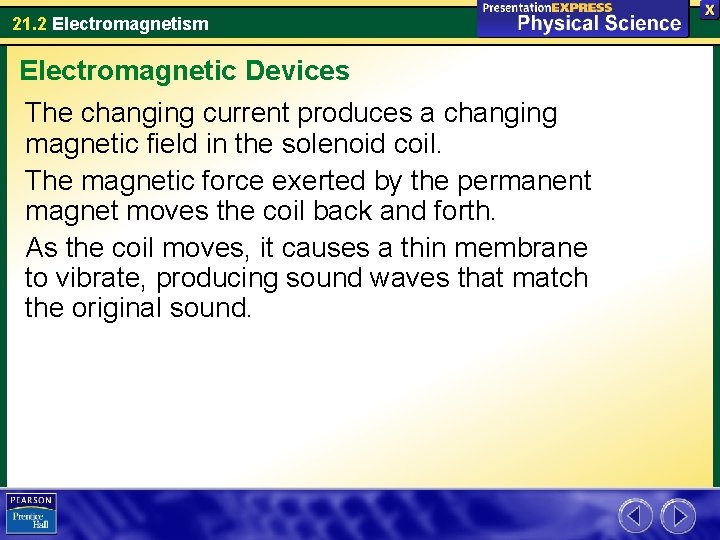 21. 2 Electromagnetism Electromagnetic Devices The changing current produces a changing magnetic field in