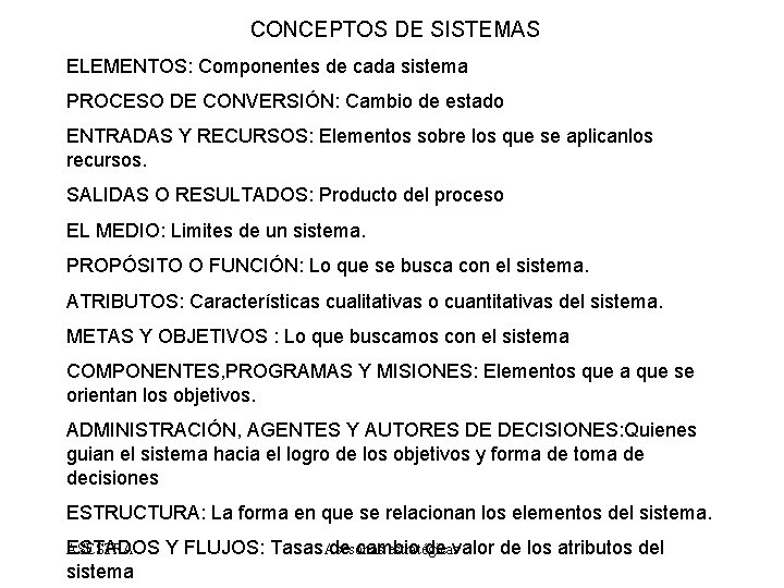 CONCEPTOS DE SISTEMAS ELEMENTOS: Componentes de cada sistema PROCESO DE CONVERSIÓN: Cambio de estado