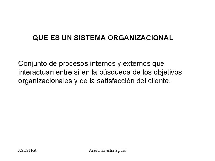 QUE ES UN SISTEMA ORGANIZACIONAL Conjunto de procesos internos y externos que interactuan entre