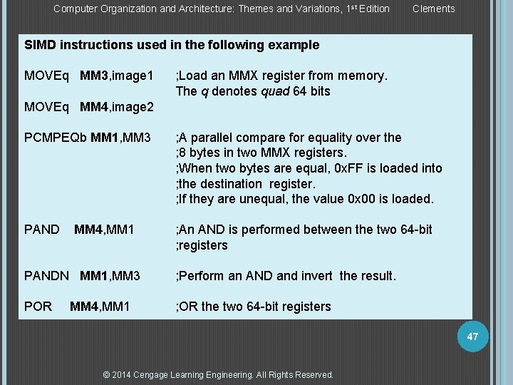 Computer Organization and Architecture: Themes and Variations, 1 st Edition Clements SIMD instructions used Computer Organization and Architecture: Themes and Variations, 1 st Edition Clements SIMD instructions used