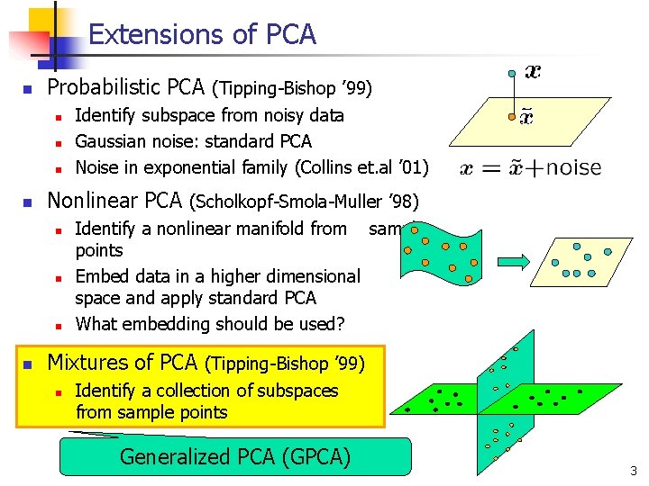 Extensions of PCA n Probabilistic PCA (Tipping-Bishop ’ 99) n n Nonlinear PCA (Scholkopf-Smola-Muller