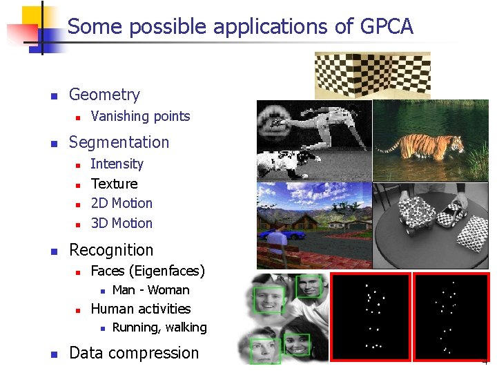 Some possible applications of GPCA n Geometry n n Segmentation n n Vanishing points