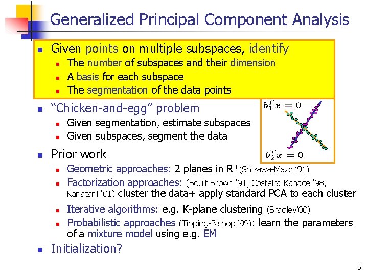 Generalized Principal Component Analysis n Given points on multiple subspaces, identify n n “Chicken-and-egg”