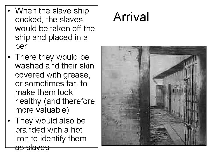  • When the slave ship docked, the slaves would be taken off the