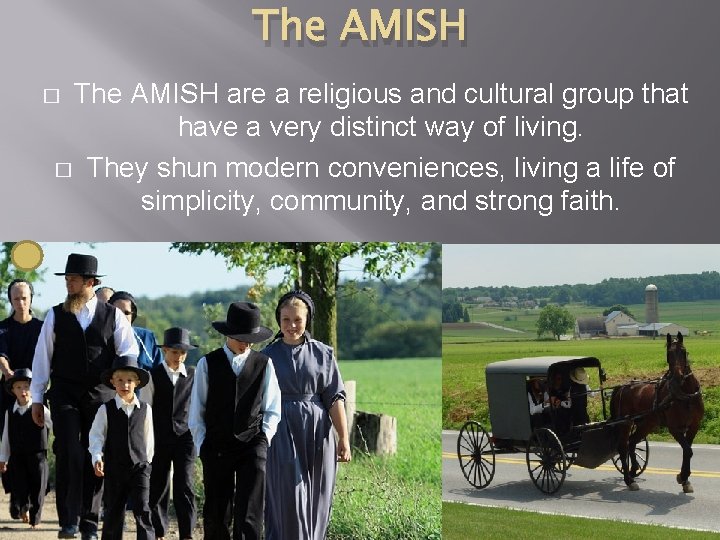 The AMISH are a religious and cultural group that have a very distinct way