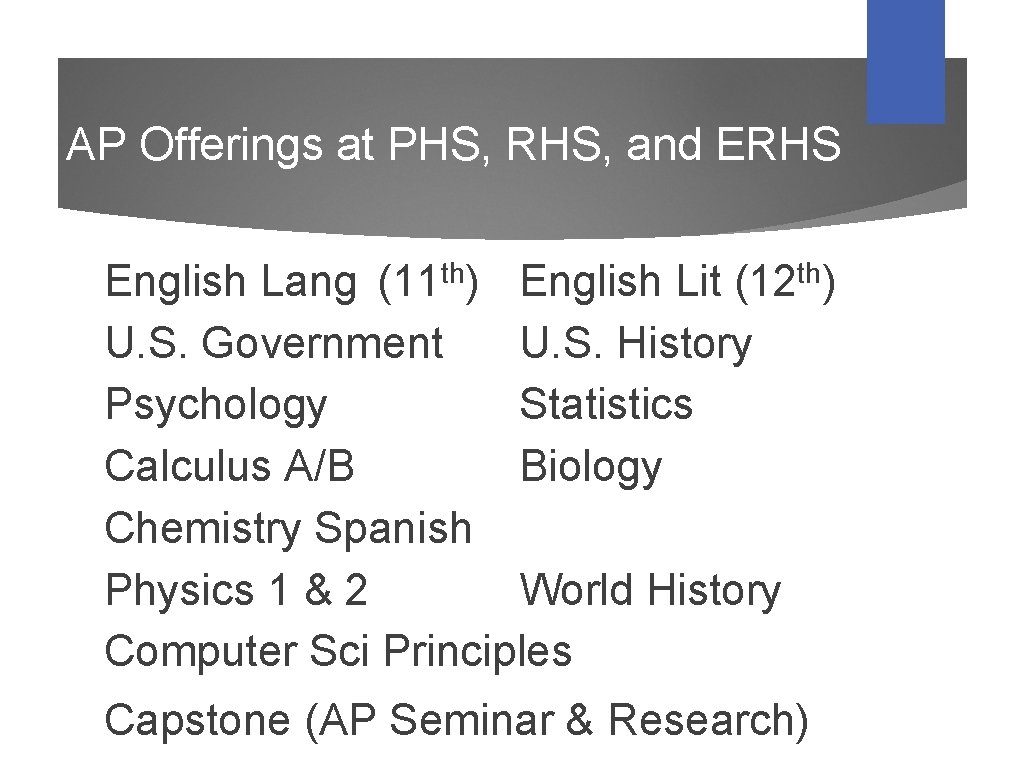 AP Offerings at PHS, RHS, and ERHS English Lang (11 th) English Lit (12