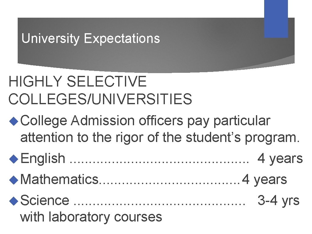 University Expectations HIGHLY SELECTIVE COLLEGES/UNIVERSITIES College Admission officers pay particular attention to the rigor